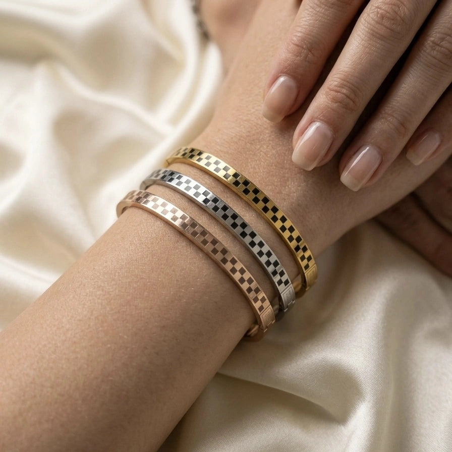 Checkered Tri-Tone Cuff Bangle Set – view 3