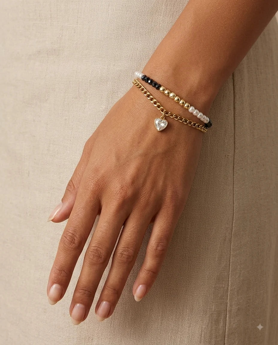 Midnight & Pearl Heart Bracelet worn on wrist