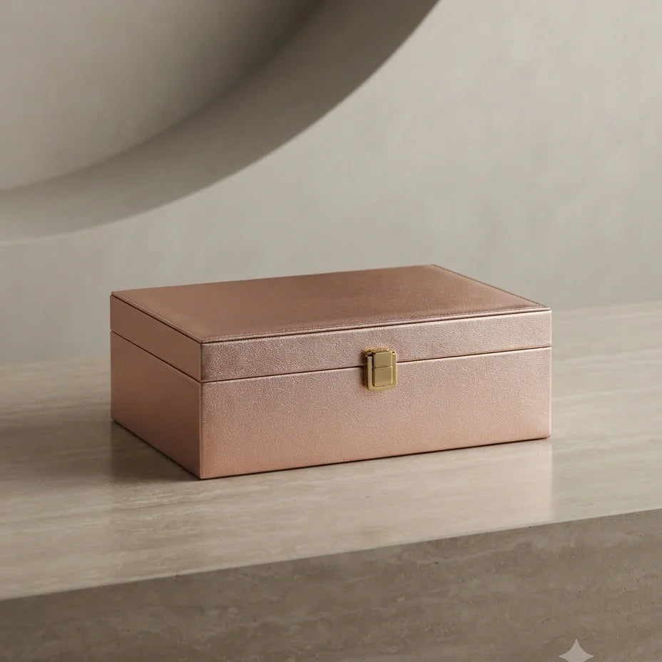 Rose gold two-tier jewellery box open with rings and earrings inside