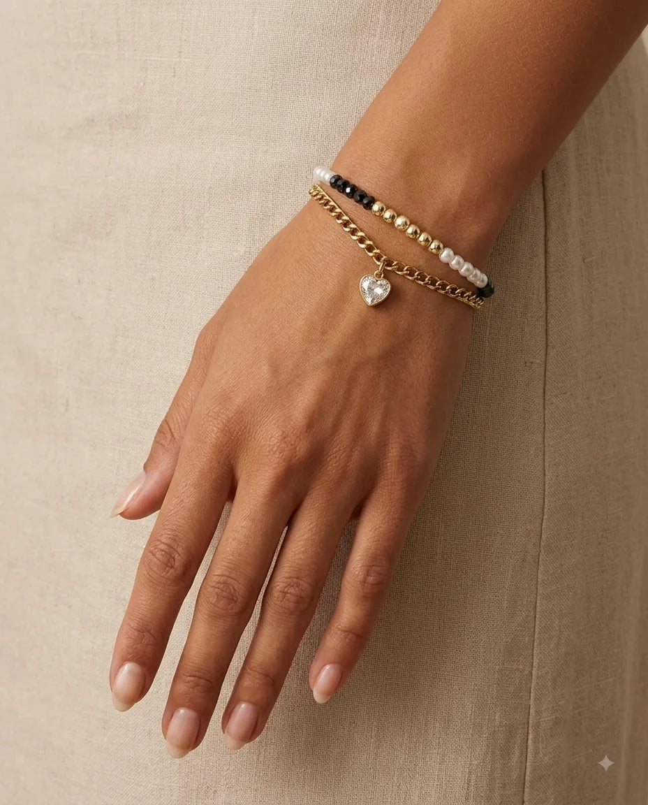 Midnight & Pearl Heart Bracelet worn on wrist