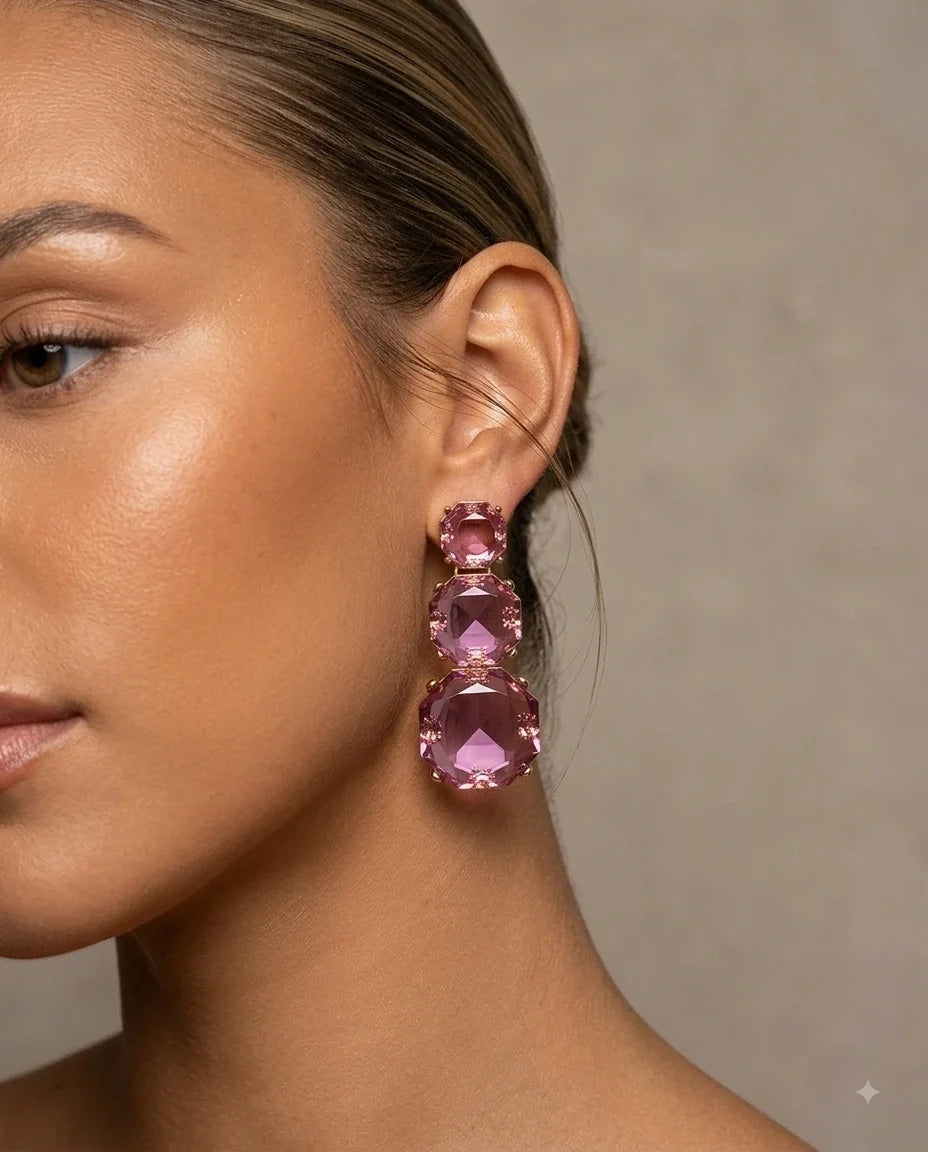 Triple Tier Rose Drops worn on the ear
