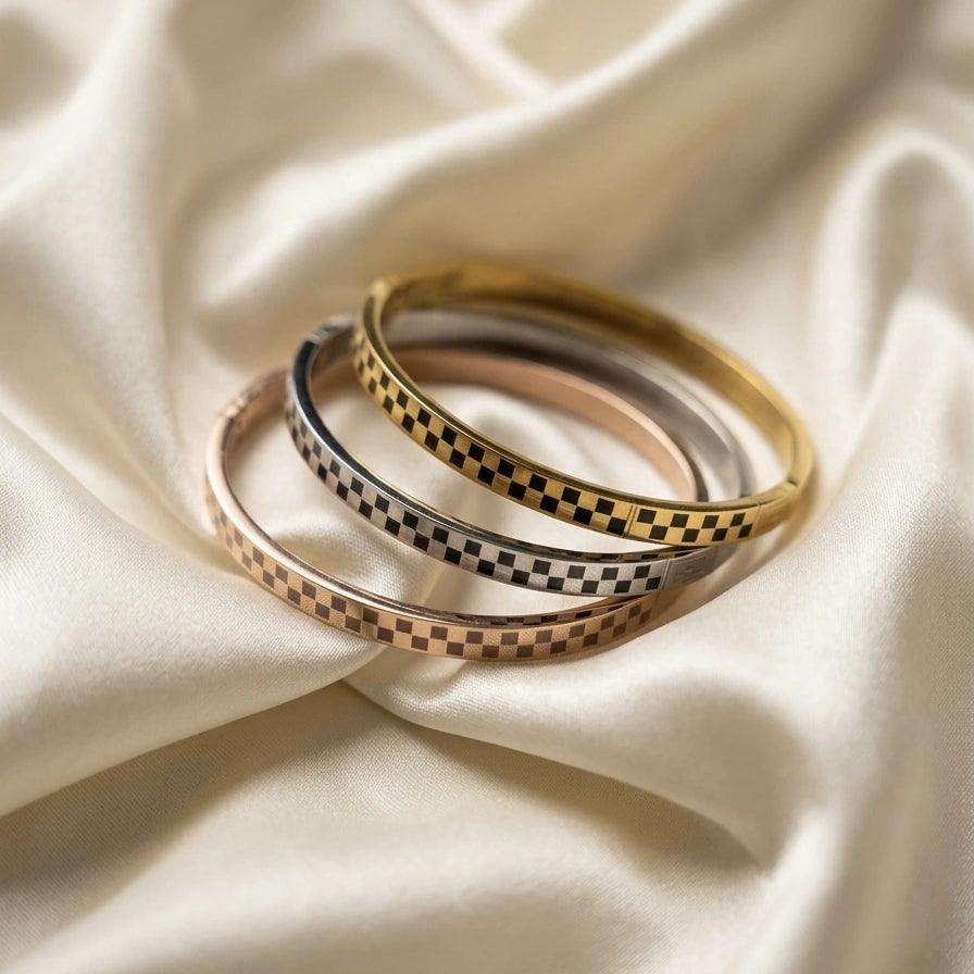 Checkered Tri-Tone Cuff Bangle Set – Nische