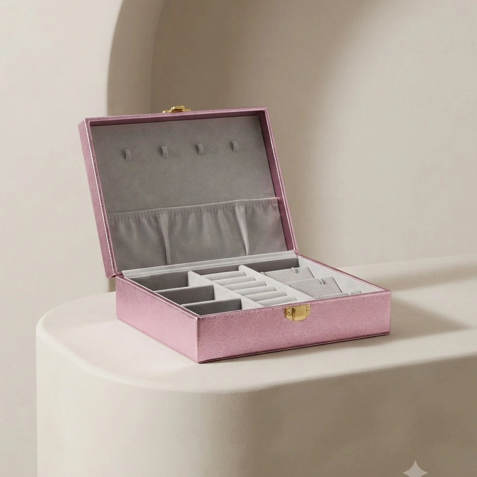Pink Metallic Jewellery Box with Tray – view 2