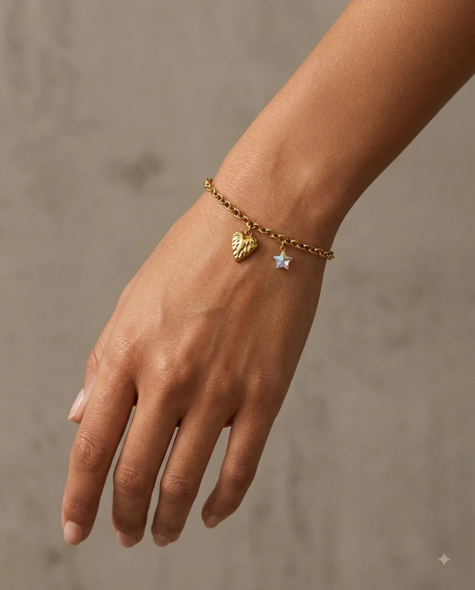 Celestial Heart Charm Bracelet worn on wrist