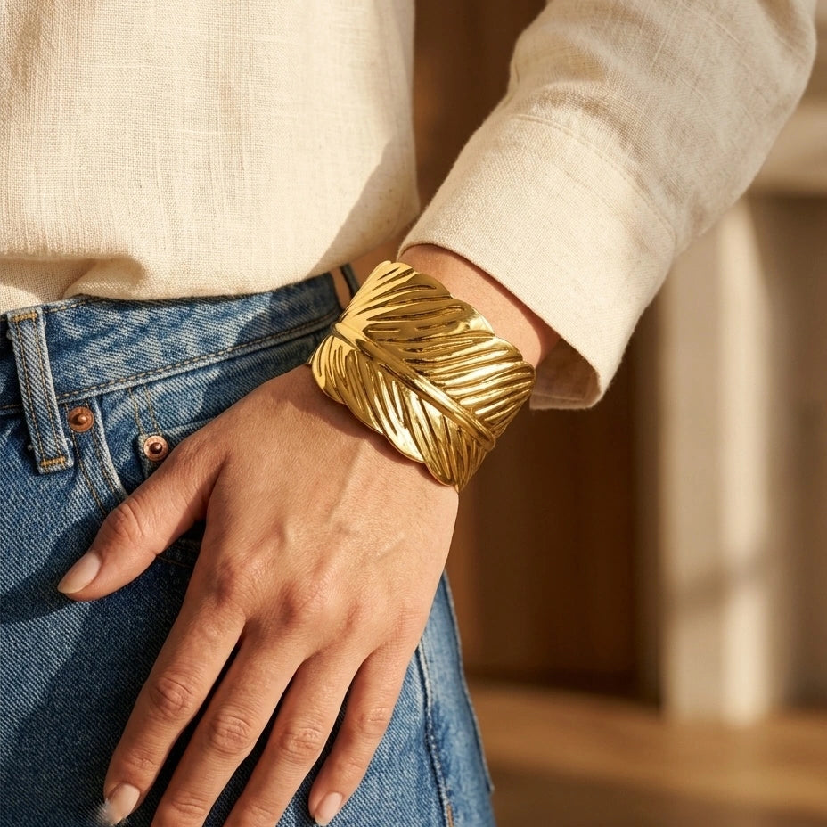 Golden Feather Statement Cuff Bracelet