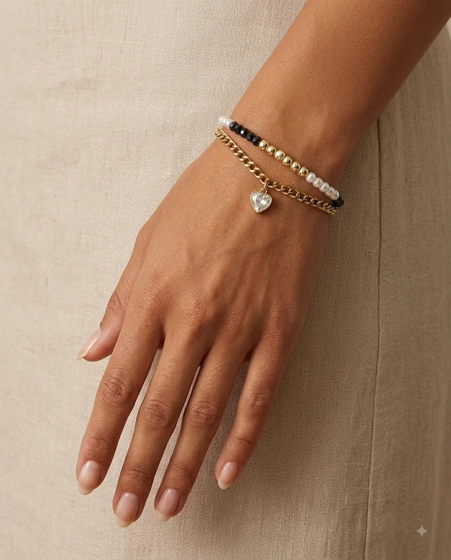 Midnight & Pearl Heart Bracelet worn on wrist